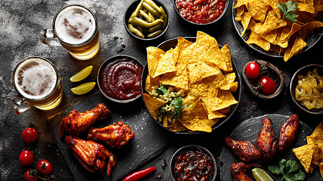 Bowl of nachos with guacamole, chicken wings, and beer on a rustic table, perfect for game day gatherings and social celebrations with friends