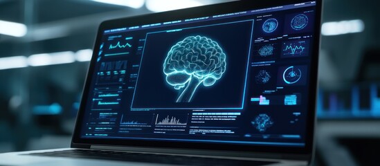 Laptop displays a brain scan with graphs and data, hinting at medical research in a lab setting