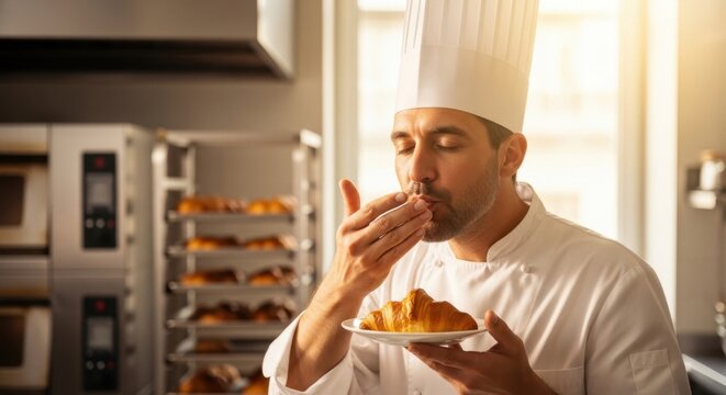 Renowned pastry chef tasting a freshly baked croissant in a professional kitchen - Powered by Adobe