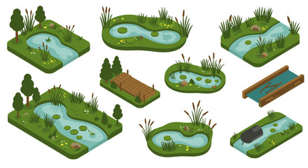 Isometric garden streams and ponds with bridges and trees