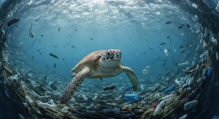 Obraz premium Solitary sea turtle swims through a vast swirling ocean of plastic pollution and debris