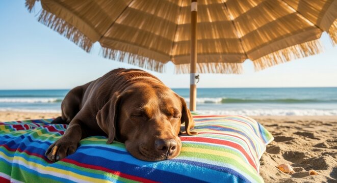 Contented brown labrador dog napping on a striped beach towel under a beach umbrella - Powered by Adobe