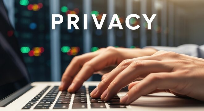 Digital privacy concept, hands typing on laptop keyboard in a secure data center