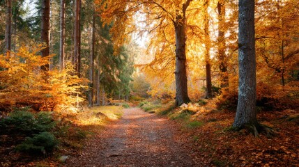 ultra realistic photo of autumn forest path covered with golden leaves, sunlight filtering through trees, atmospheric landscape, , real photography
