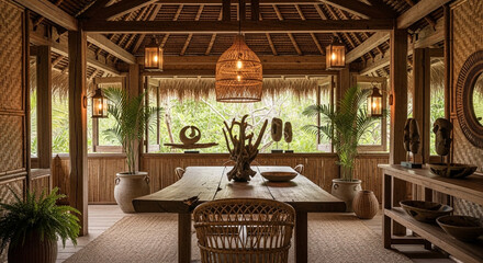 Rustic family gathering room in tropical house style