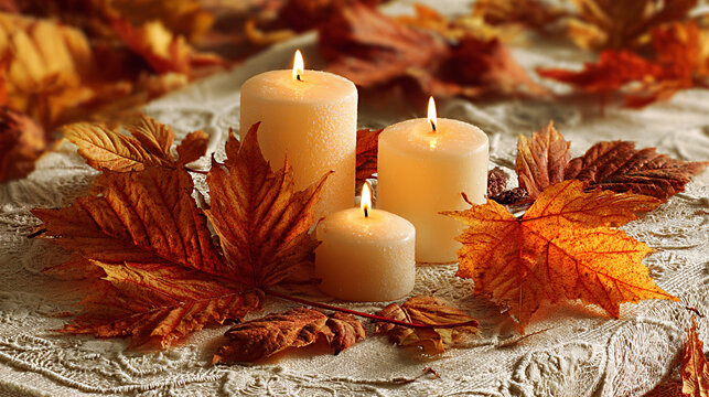 Colorful maple leaves surround glowing candles on a textured surface, creating a warm and inviting atmosphere for Thanksgiving celebrations and autumn gatherings