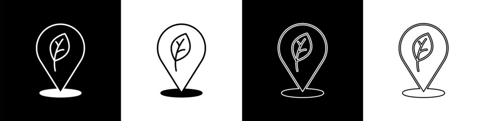 Set Location with leaf icon isolated on black and white background. Eco energy concept. Alternative energy concept. Vector