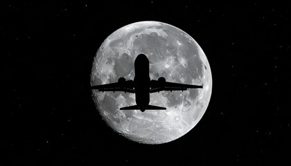 Silhouette of a passenger jet flying in front of a full moon at night.