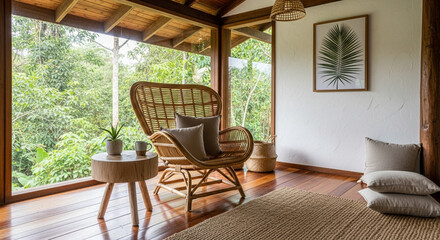 Tropical rustic décor living area with wicker accents