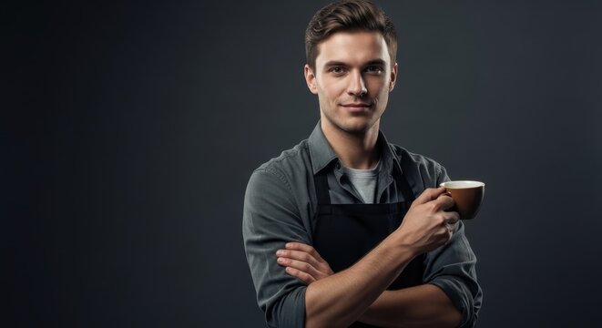 Confident young man barista in black apron holding a coffee cup with a slight smirk