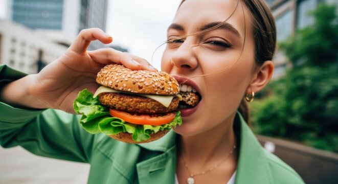 Young woman with playful expression taking a big bite of a plant based burger outdoors