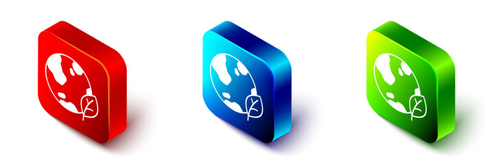 Isometric Earth globe and leaf icon isolated on white background. World or Earth sign. Geometric shapes. Environmental concept. Red, blue and green square button. Vector