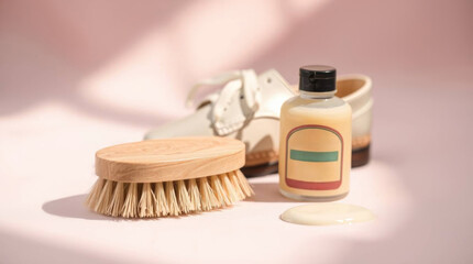 Shoe care accessories with cream, brushes and leather shoe in bright light, copyspace