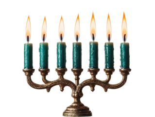 A Beautiful Menorah Displaying Bright Flames in a Dark Background, Celebrating Light and Tradition with Elegance and Artistry. on transparent background