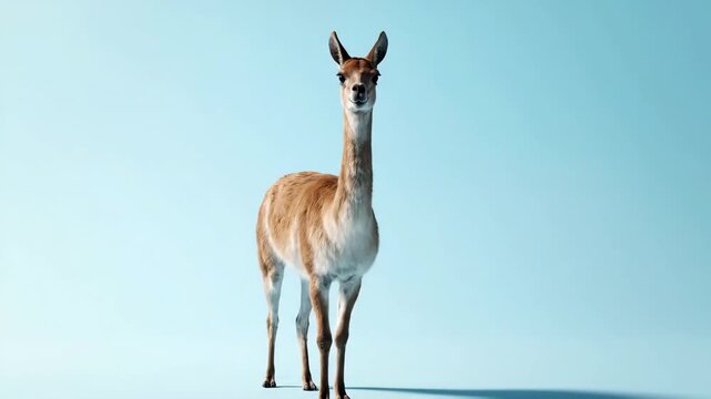 A vicu&ntilde;a stands with a brown coat gazing directly forward against a light blue background