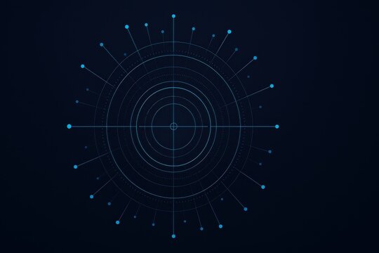 Futuristic circular digital radar interface with glowing network nodes
 - Powered by Adobe