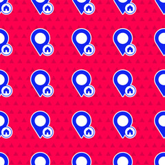 Blue Map pointer with house icon isolated seamless pattern on red background. Home location marker symbol. Vector