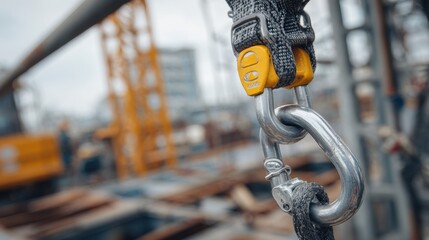 A safety hook hangs prominently in the foreground as workers are busy on a construction site. Dark clouds loom, hinting at an impending change in weather