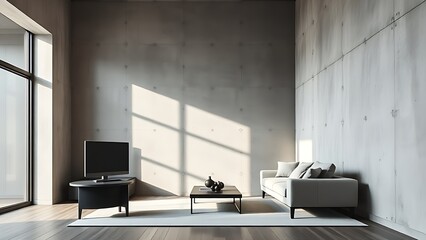 Modern living room with concrete accent wall and contemporary furniture, bathed in soft daylight.