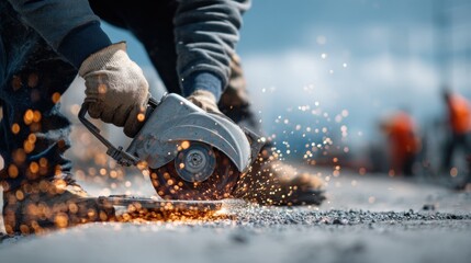 A construction worker is using an angle grinder to cut concrete at an outdoor job site. Sparks fly as the tool cuts through the material. Other workers are visible in the background