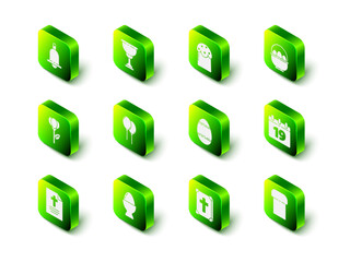 Set Christian chalice, Easter cake, Basket with easter eggs, Calendar Happy, Holy bible book and on stand icon. Vector