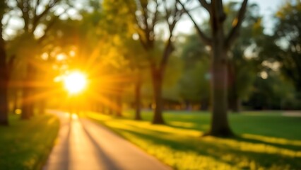 Fototapeta premium Sunlit park pathway surrounded by greenery during golden hour, creating a peaceful scene.