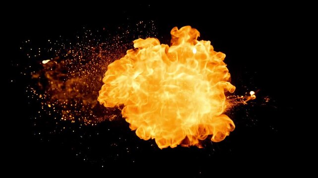 Ultra-detailed slow motion flamethrower blast screen, twisting fire tongues, glowing realistic heat distortion, isolated black background alpha channel, cinematic high-speed camera look, perfect