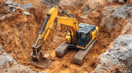 A yellow excavator is working in a large trench at a construction site. The surroundings are filled with dirt and rocks. The sun is shining down, revealing a busy work environment