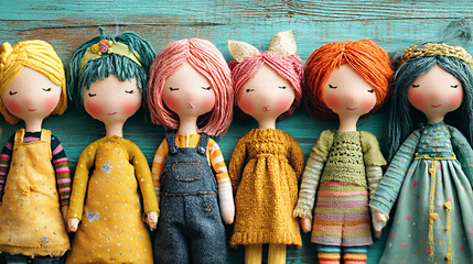 Handmade rag dolls in vibrant colors, showcasing unique designs and textures, arranged on a rustic...