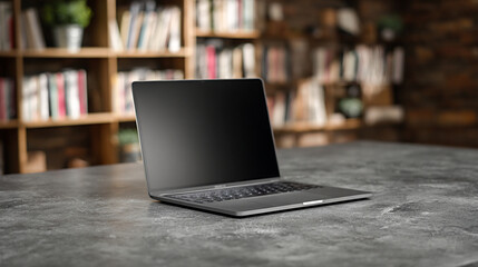 Modern home office workspace featuring a sleek laptop on a textured desk, with a stylish bookshelf filled with books in the background, creating an inviting atmosphere for productivity