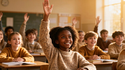 Happy diverse children raising hands eager to answer questions in school