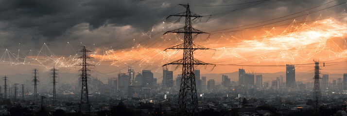 High Tension Power Lines with Digital Overlay and City Silhouette - Critical Systems Protection