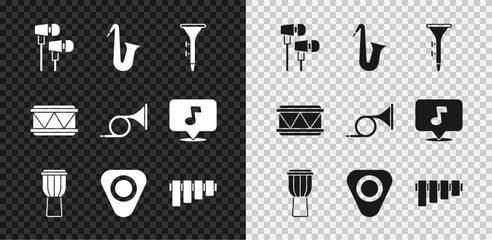 Set Air headphones, Musical instrument saxophone, Drum and drum sticks, Guitar pick, Pan flute, and Trumpet icon. Vector