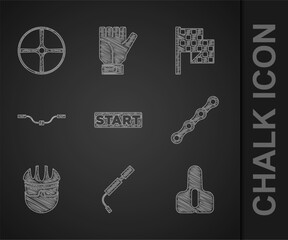 Set Ribbon in finishing line, Bicycle air pump, seat, chain, helmet, handlebar, Checkered flag and wheel icon. Vector