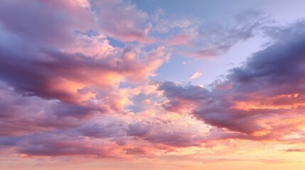 Obraz premium ultra realistic photo of dramatic cloudy sky at sunrise, soft pastel gradient, natural abstract background, , real photography