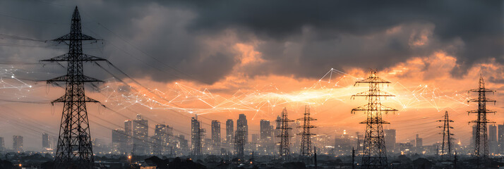 High Tension Power Lines with Digital Overlay and City Silhouette - Critical Systems Protection