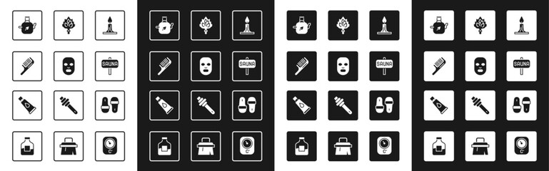 Set Burning candle, Facial cosmetic mask, Hairbrush, Teapot with leaf, Sauna, broom, slippers and Cream or lotion tube icon. Vector