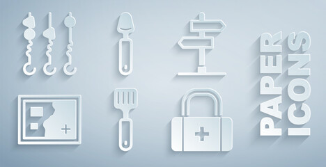 Set Spatula, Road traffic sign, Folded map, First aid kit, Spoon and Grilled shish kebab skewer icon. Vector