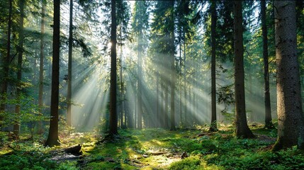 Obraz premium Beautiful rays of sunlight in a green forest