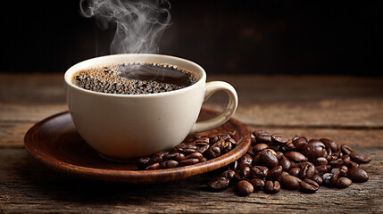 Steaming cup of fresh coffee on wooden table with scattered coffee beans, showcasing rich aroma and inviting warmth in a cozy atmosphere