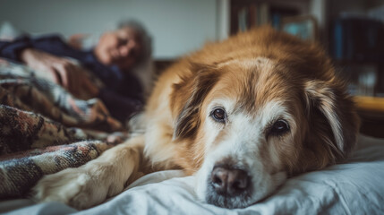 A dog is laying on a bed next to a person