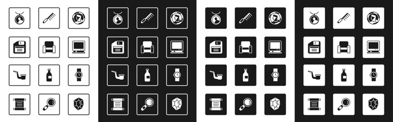 Set Ancient coin, Armchair, Floppy disk, Locket on necklace, Retro tv, Hairbrush, Wrist watch and Smoking pipe icon. Vector