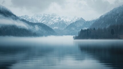 Misty mountain lake