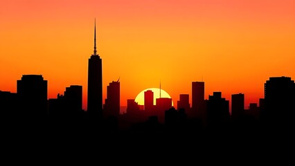 An abstract cityscape silhouette with geometric shapes and warm sunset colors.