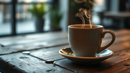 A steaming coffee cup on a rustic wooden table, bathed in soft morning light.