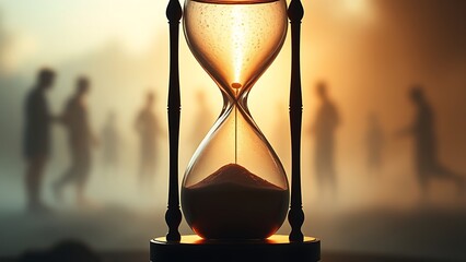 An hourglass with liquid time dripping away, surrounded by faint ghostly silhouettes, symbolizing fleeting moments of life.