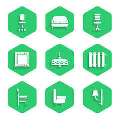 Set Chandelier, Armchair, Wall sconce, Heating radiator, Chair, Makeup mirror with lights, Office and icon. Vector