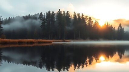 Tranquil forest scene mirrored in a peaceful lake, bathed in warm morning light with gentle mist.