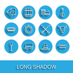 Set line Shovel, Wild west covered wagon, Playing cards, Mexican sombrero hat, Kayak or canoe and paddle, Canteen water bottle, Buffalo skull and Crossed arrows icon. Vector