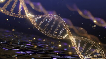 Glowing dna helix in digital cosmos. Neural network AI generated